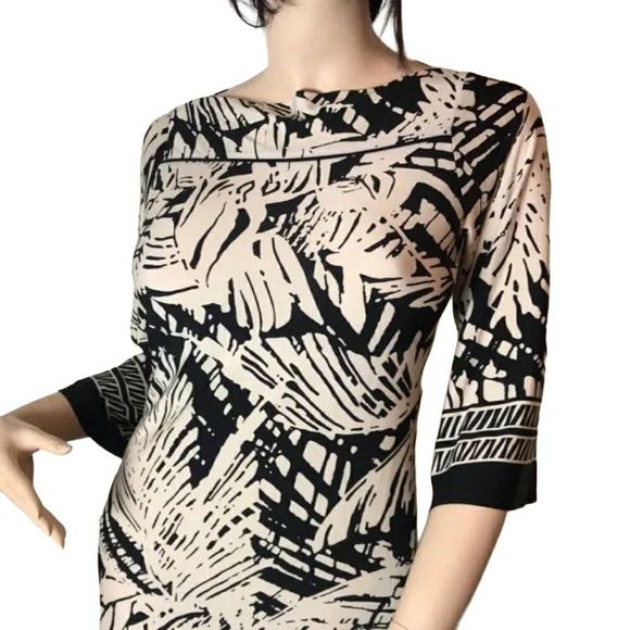 Enfocus Studio Dark Chocolate/Off-White Abstract Knee Length Long Sleeve Dress, - Picture 3 of 13